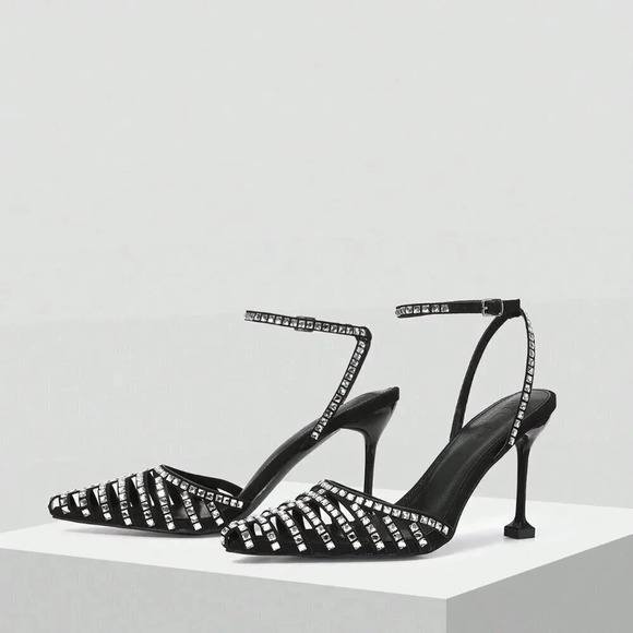 Black Glamorous Women's Rhinestone Buckle High Heel Shoes - Picture 2 of 6